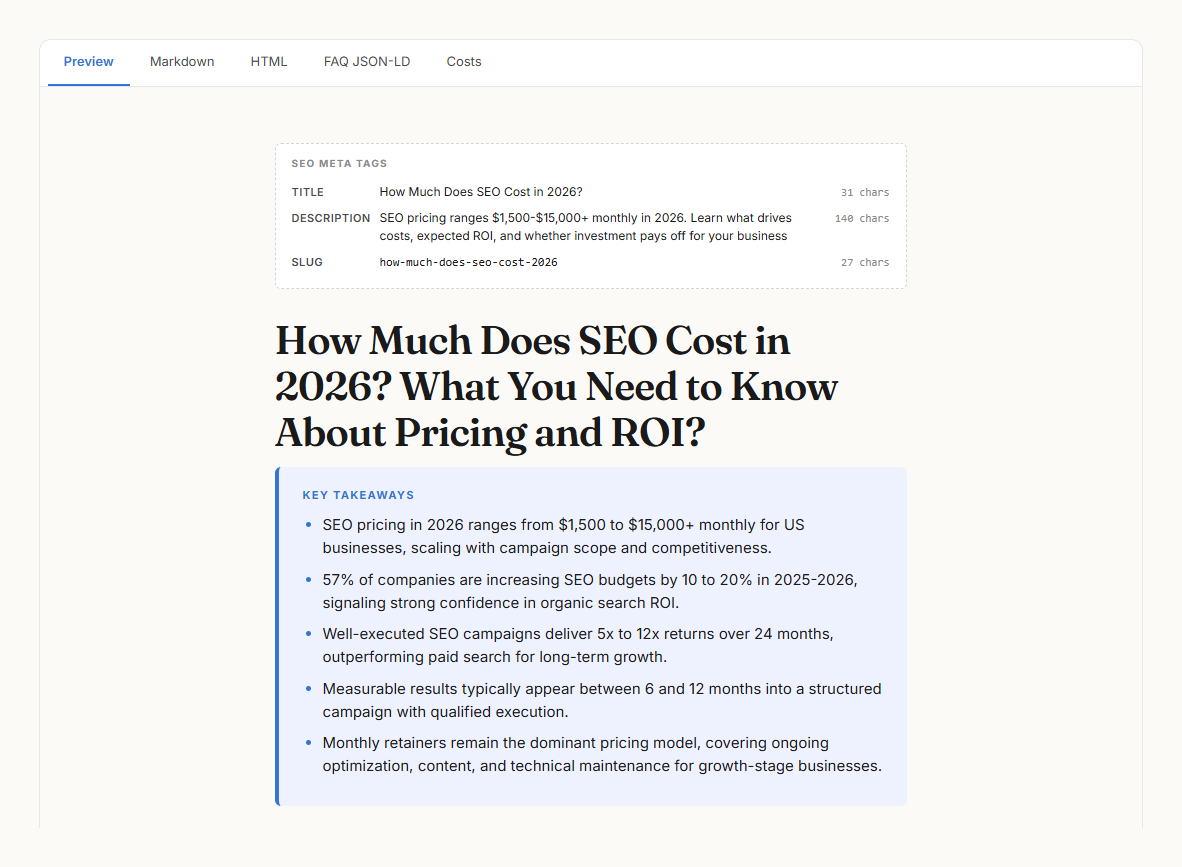 L'aperçu d'article Daemo : balises méta SEO avec compteurs de caractères, le titre de l'article et un encadré de points clés, avec les onglets Markdown, HTML et FAQ JSON-LD au-dessus.